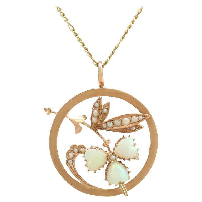 Antique 1920s Opal and Seed Pearl Yellow Gold Pendant For Sale at 1stDibs