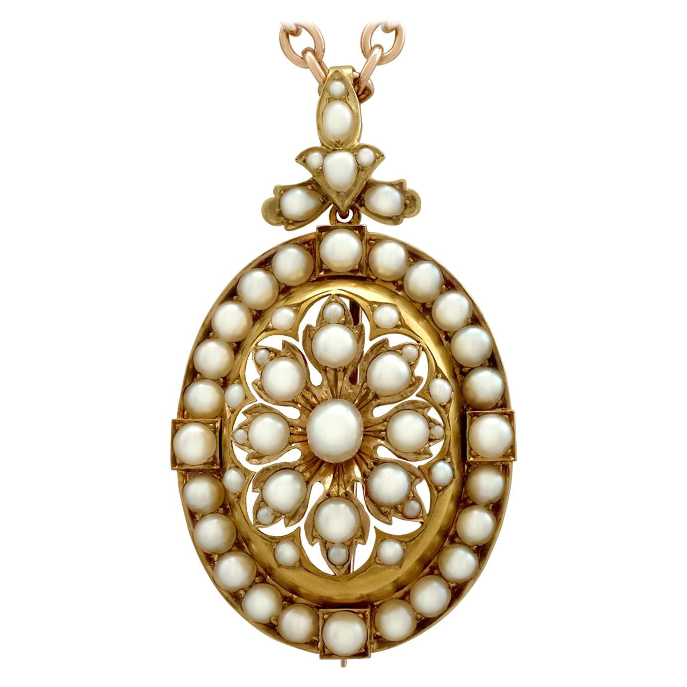 Antique Victorian Seed Pearl and Yellow Gold Pendant Brooch For