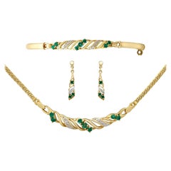 1990s Vintage Emerald and Diamond Yellow Gold Jewelry Suite