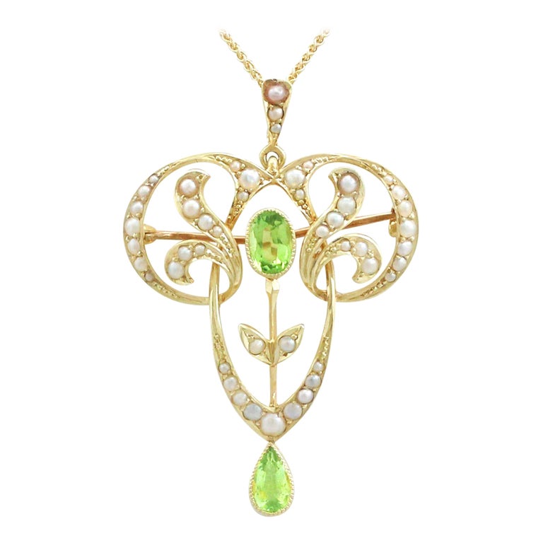 Antique 1910s Art Nouveau Peridot and Seed Pearl Yellow Gold Pendant / Brooch For Sale