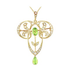 Retro 1910s Art Nouveau Peridot and Seed Pearl Yellow Gold Pendant / Brooch