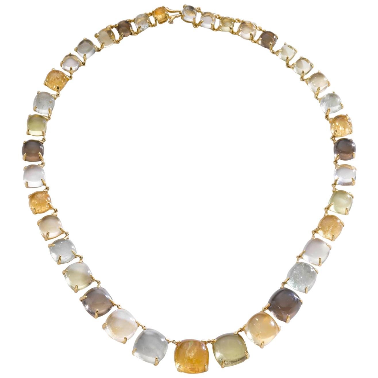 Semi Precious Cabochon Stones Graduated Yellow Gold 18 K Necklace