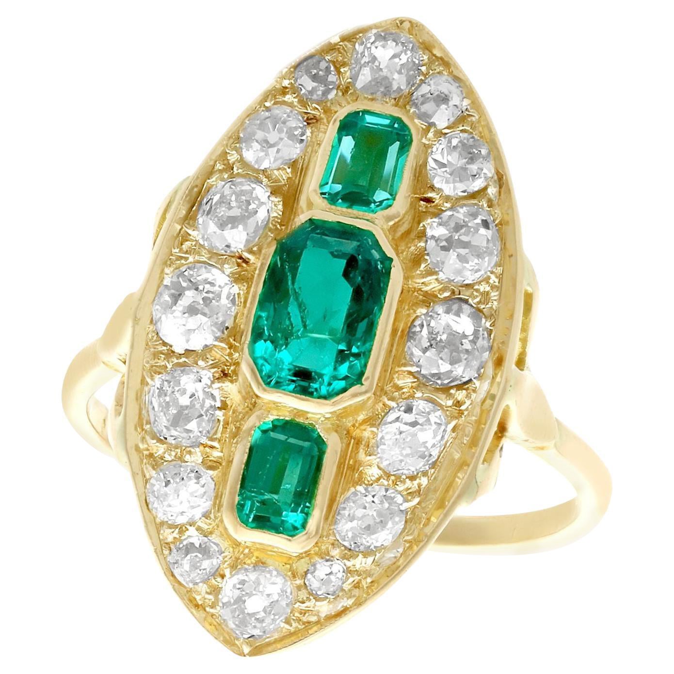 Antique Emerald 2.05 Carat Diamond Yellow Gold Marquise Ring