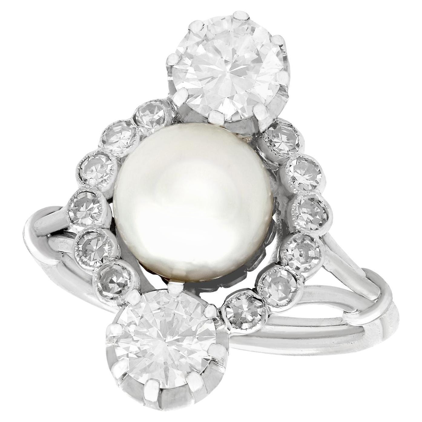 Antique 1.59 Carat Diamond and Pearl Cocktail Ring in 18k White Gold