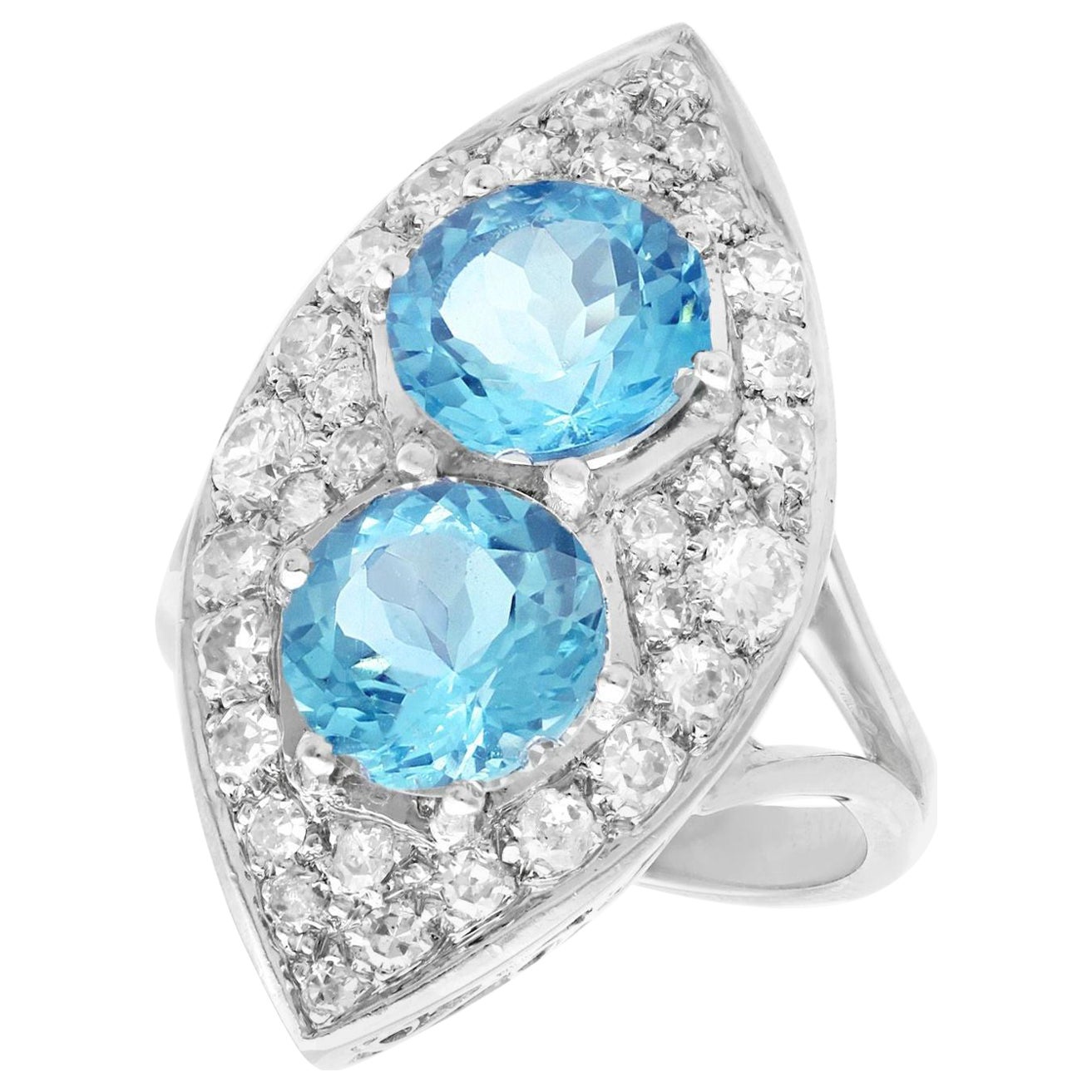 1950s 3.03 Carat Aquamarine and 1.42 Carat Diamond White Gold Marquise Ring For Sale