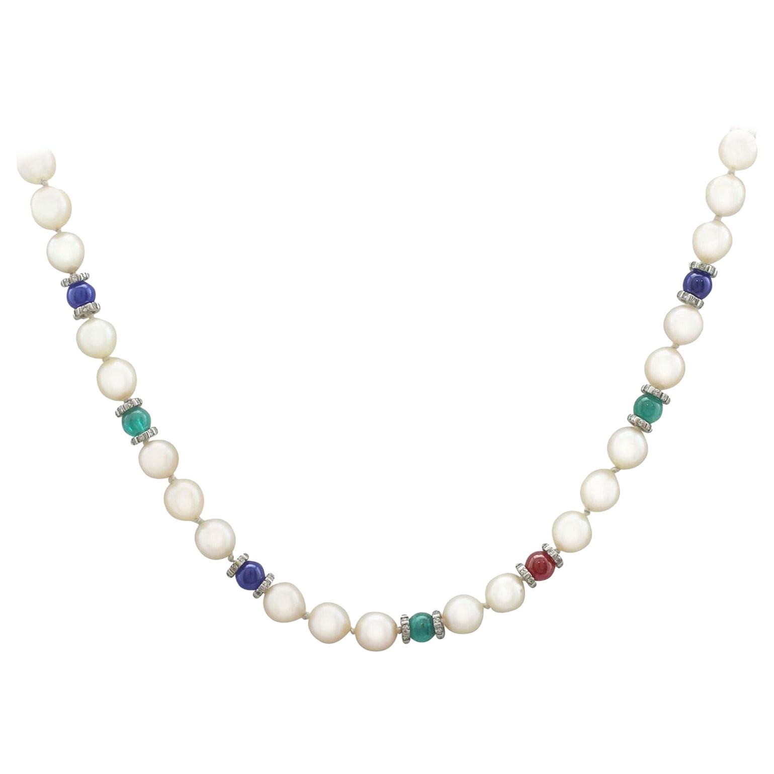 1980s Cultured Pearl Diamond Sapphire Emerald Ruby and Yellow Gold Necklace
