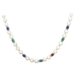 1980s Cultured Pearl Diamond Sapphire Emerald Ruby and Yellow Gold Necklace