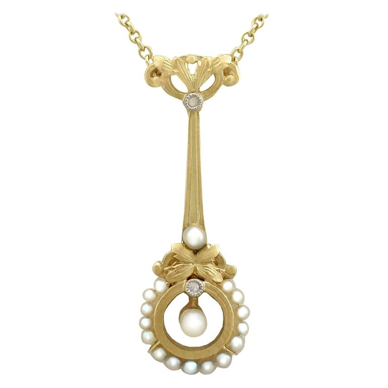 Antique 1900s Seed Pearl and Diamond Yellow Gold Necklace For Sale at ...