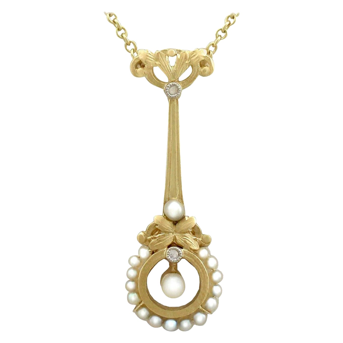 1900s Seed Pearl and Diamond Yellow Gold Necklace For Sale