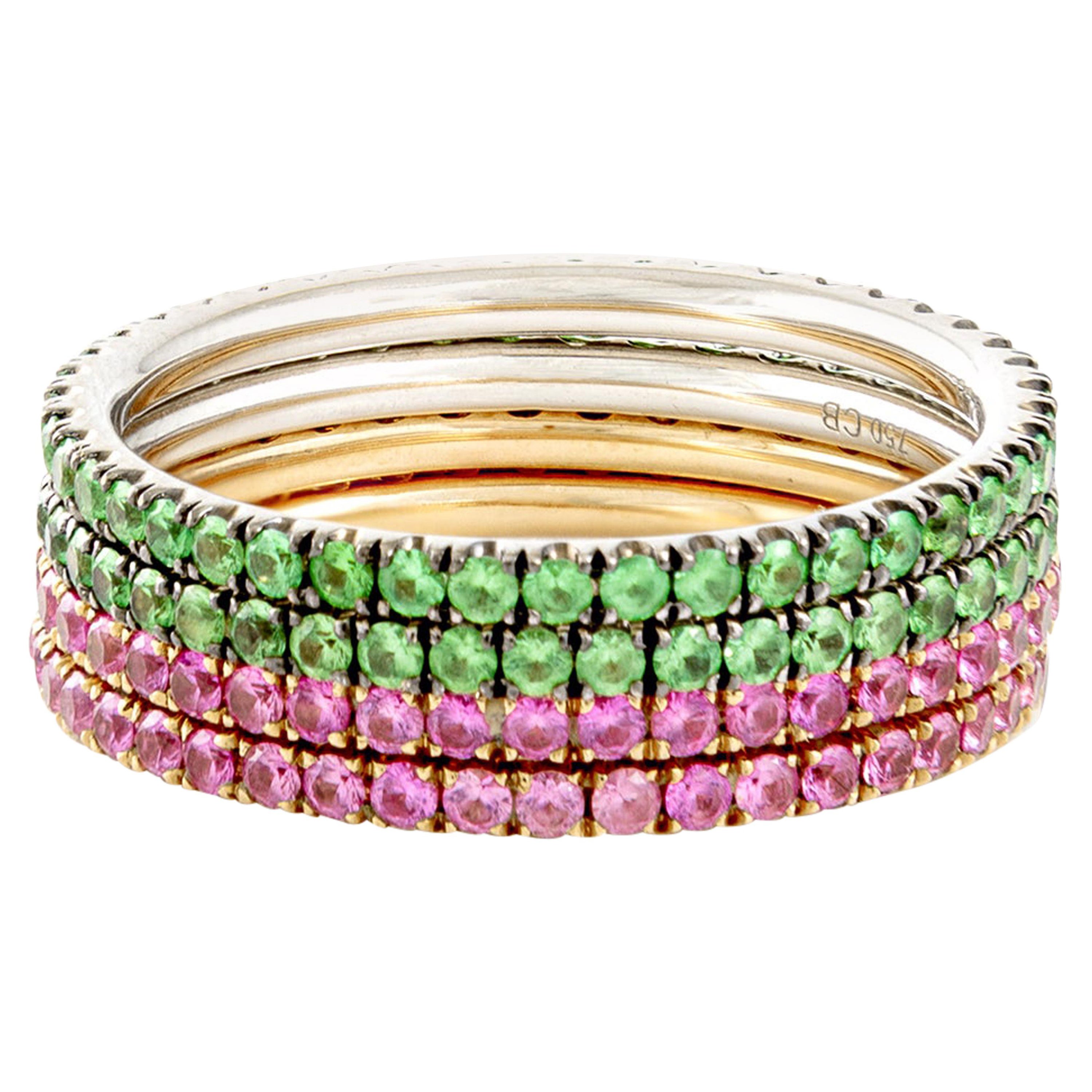Green Garnet and Pink Sapphire Gold Band Rings
