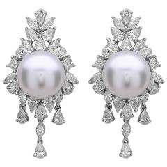 South Sea Pearl Diamond Gold Dangle Earrings