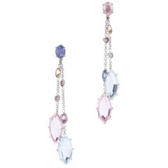 Aquamarine Kunzite Sapphire Diamond on White Gold Ear Pendants