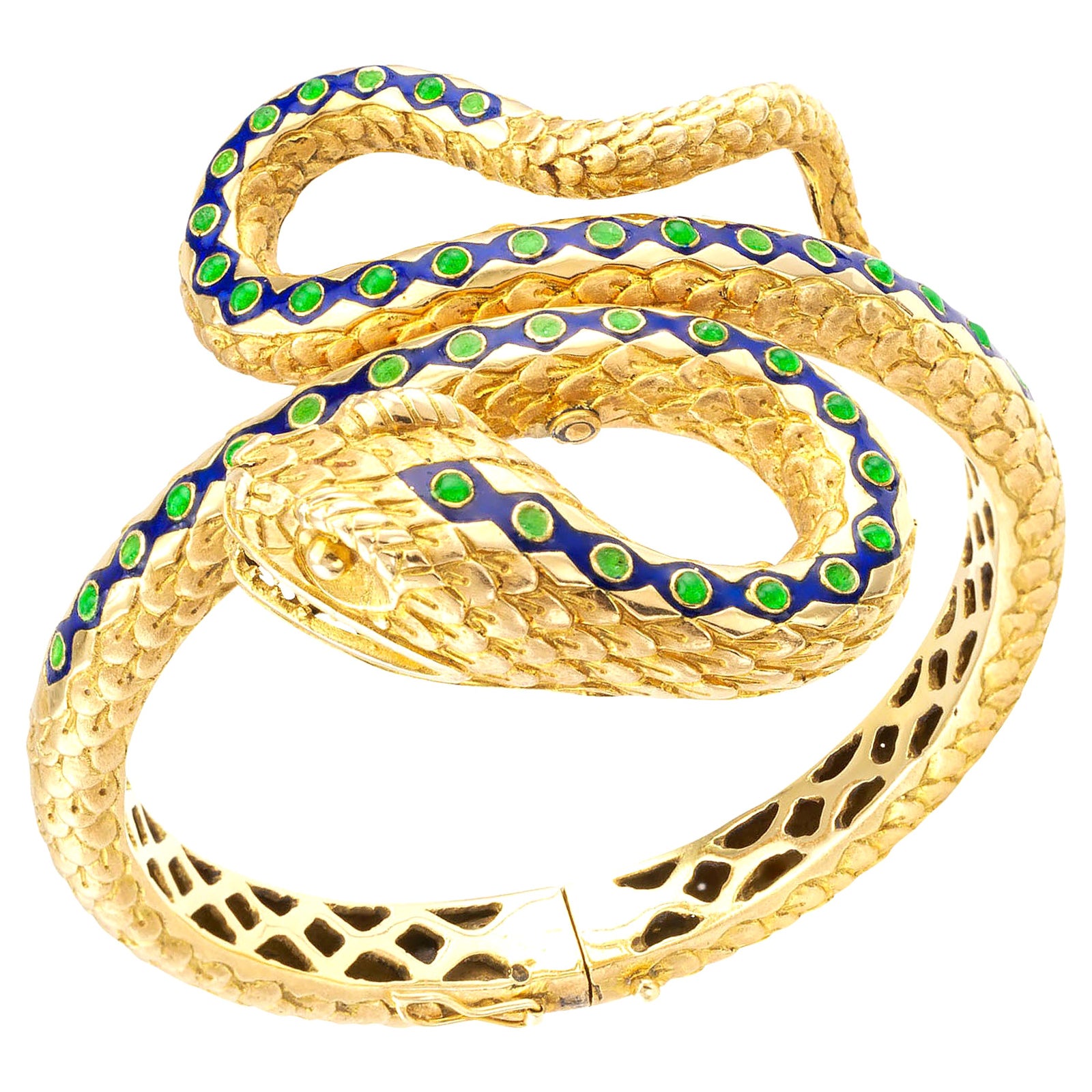 18 Karat Yellow Gold Diamond, Green and Blue Enamel Snake Bracelet For ...