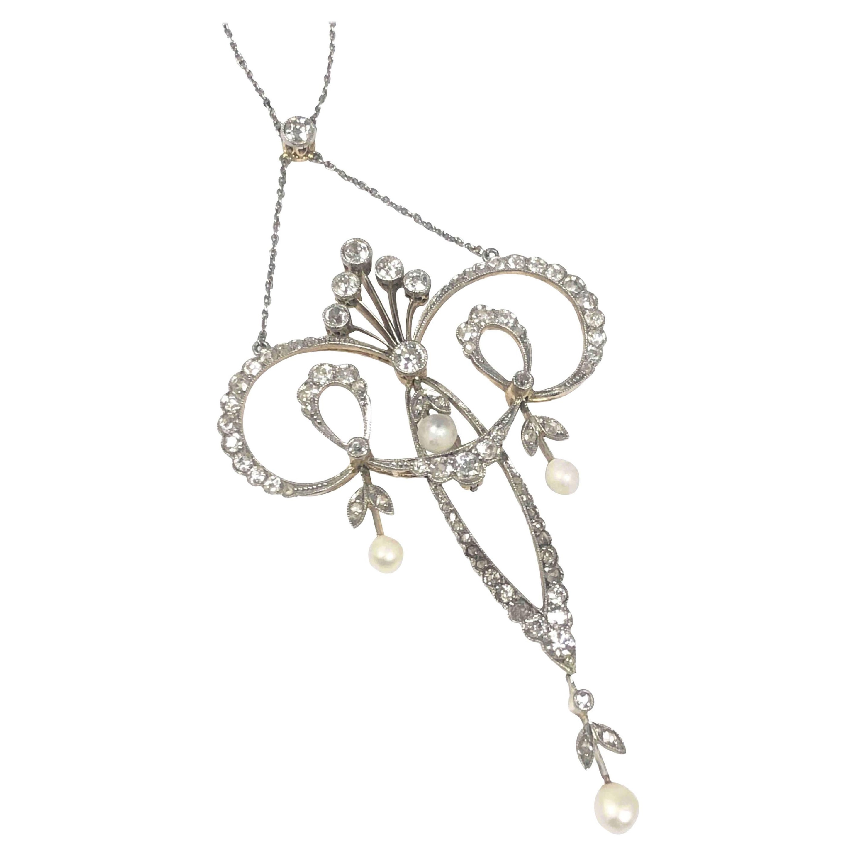 Art Nouveau Platinum Gold and Diamond Large Pendant Necklace