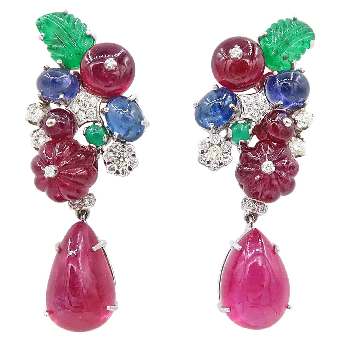 Drop Dangle White Gold Earrings with Diamond and Carved Ruby Sapphire Emerald