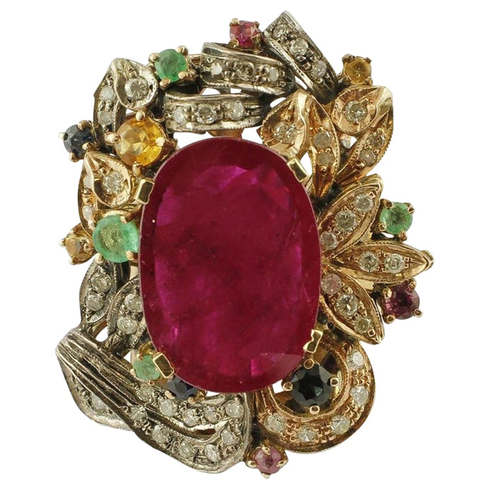 CHRISTIAN DIOR Diamond Emerald Ruby Sapphire Flower Gold RIng at 1stDibs