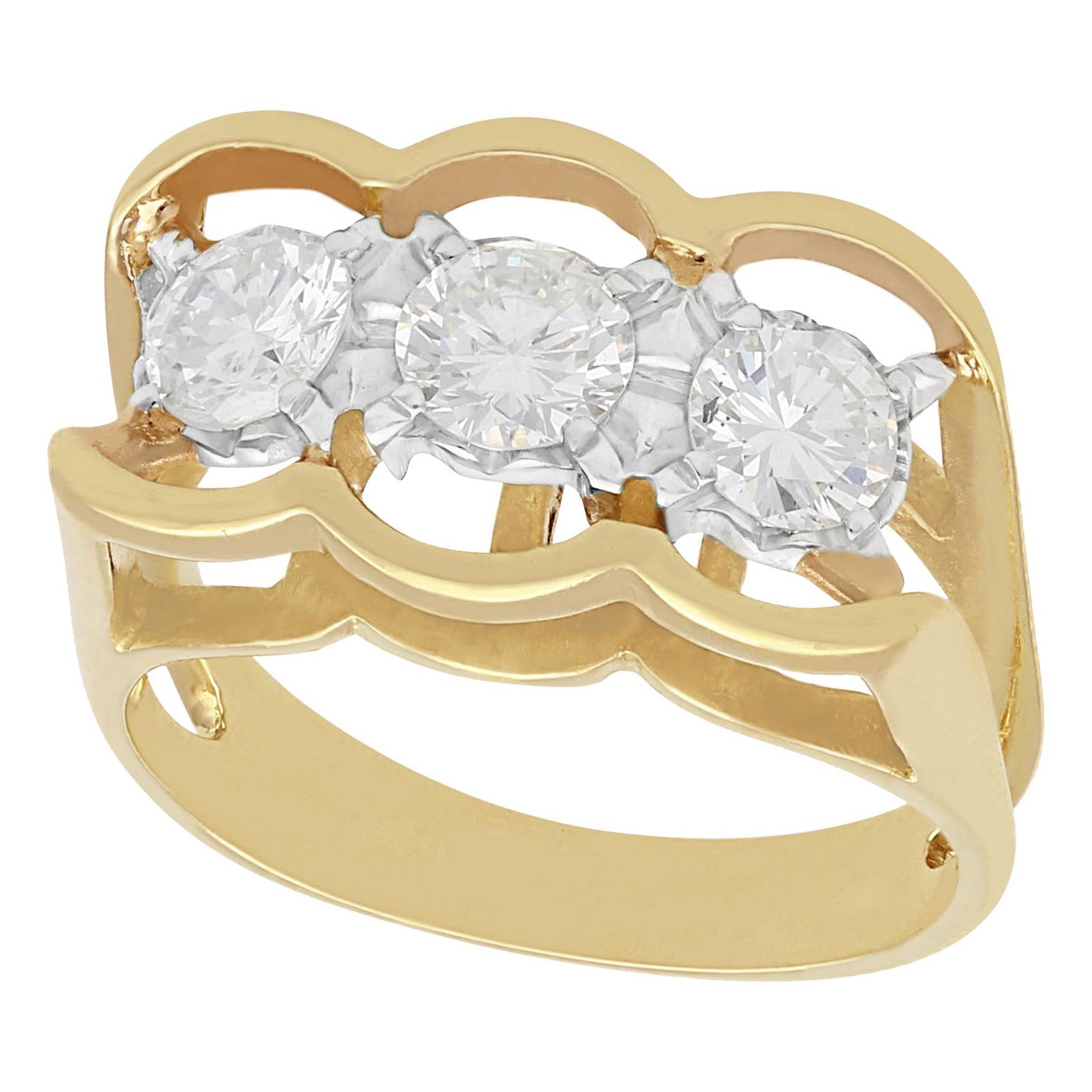 1990s Diamond Yellow Gold Three-Stone Cocktail Ring For Sale