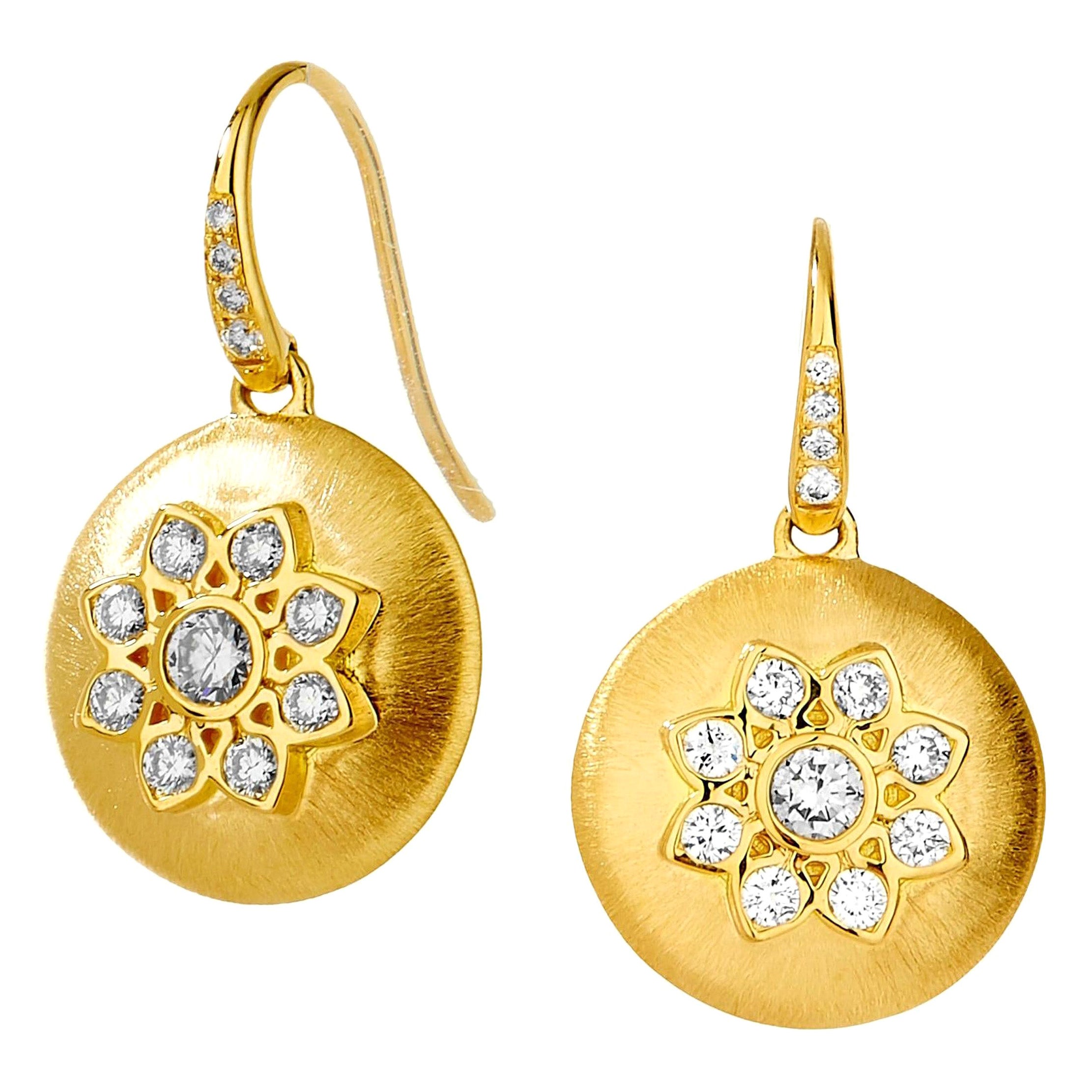 Syna Yellow Gold Flower Earrings with Diamonds For Sale