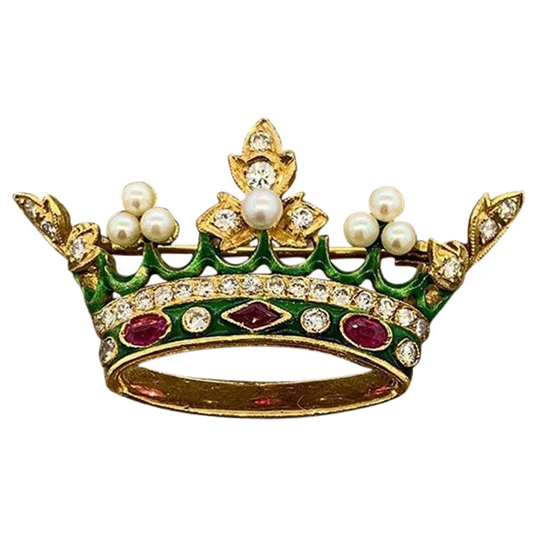 Broche couronne royale du milieu du siècle en diamants, rubis, perles de rocaille et émail en vente