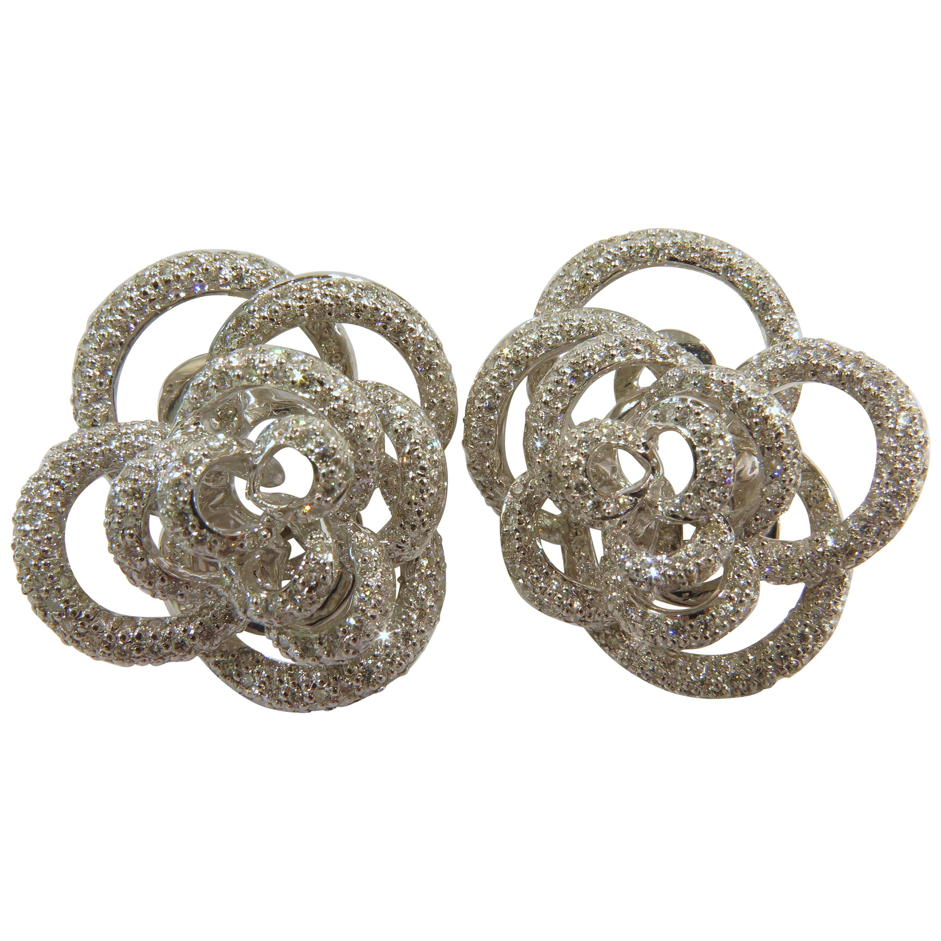 Rose Motif Diamond Gold Earrings with 3 Dimensional Lever Backs