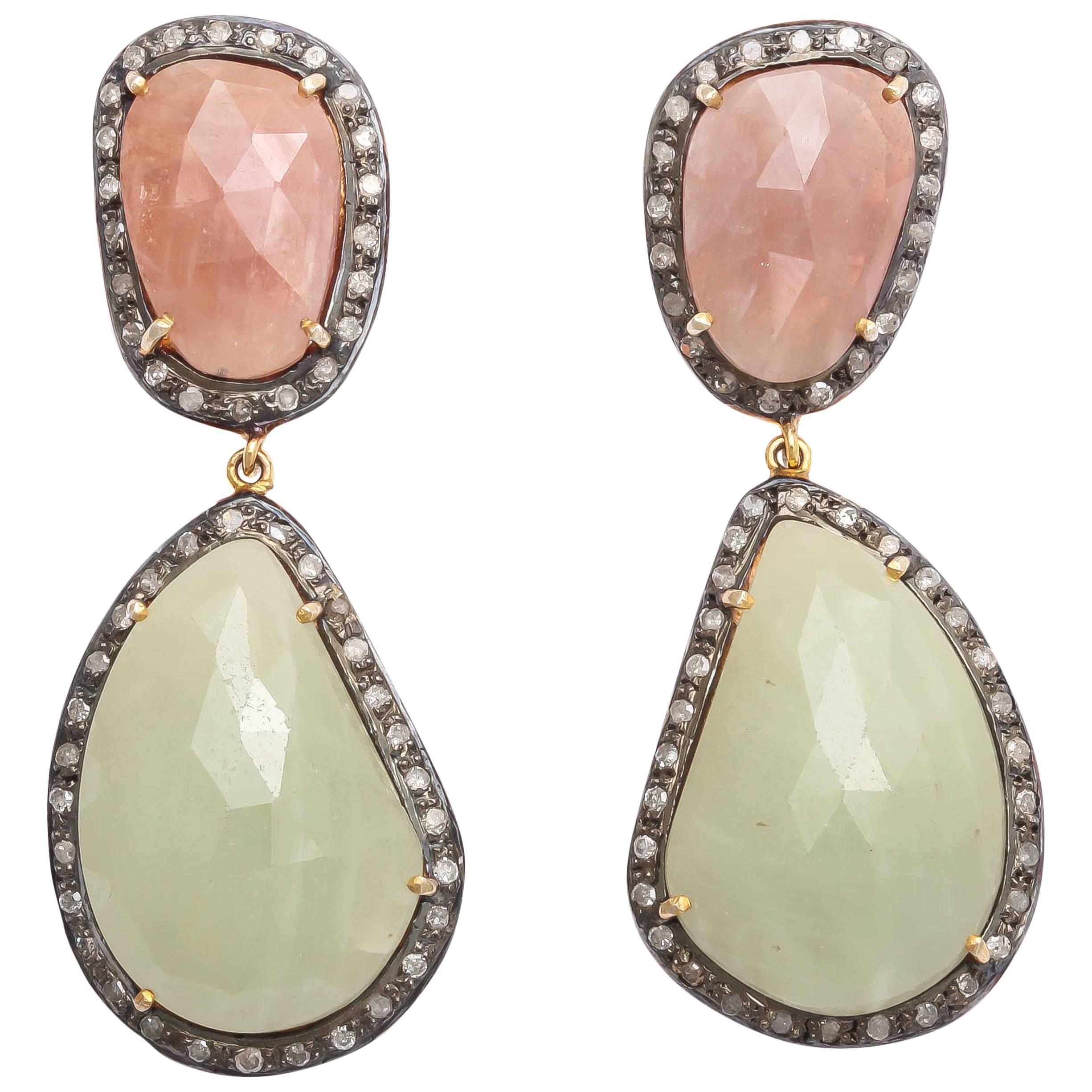 Natural Organic Shaped Pink and  Light Green Sapphire diamond silver earrings For Sale