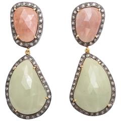 Natural Organic Shaped Pink and  Light Green Sapphire diamond silver earrings