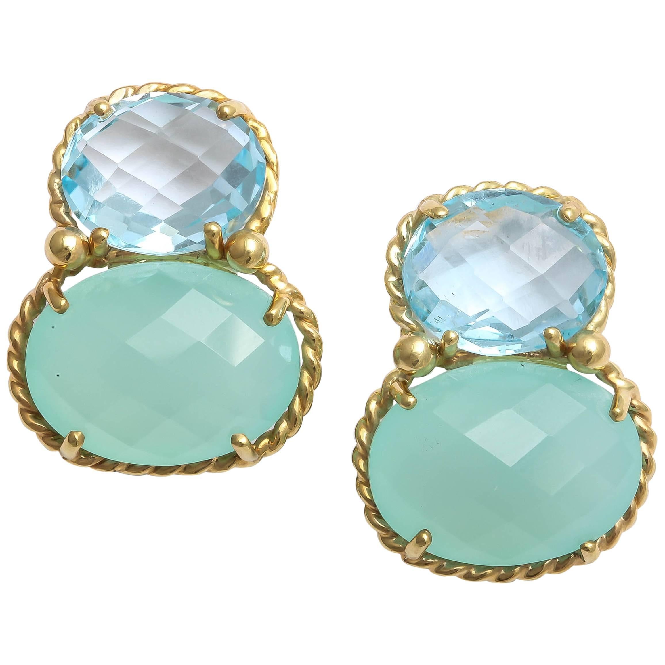 faceted oval Chalcedony blue topaz Gold ear clips For Sale