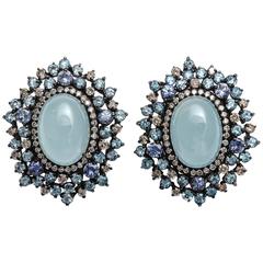 Cabochon Oval Aquamarine BlueTopaz white Diamond silver stud earrings