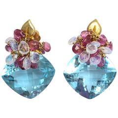 Blue Topaz Opal Pink Topaz Gold Leaf Earrings