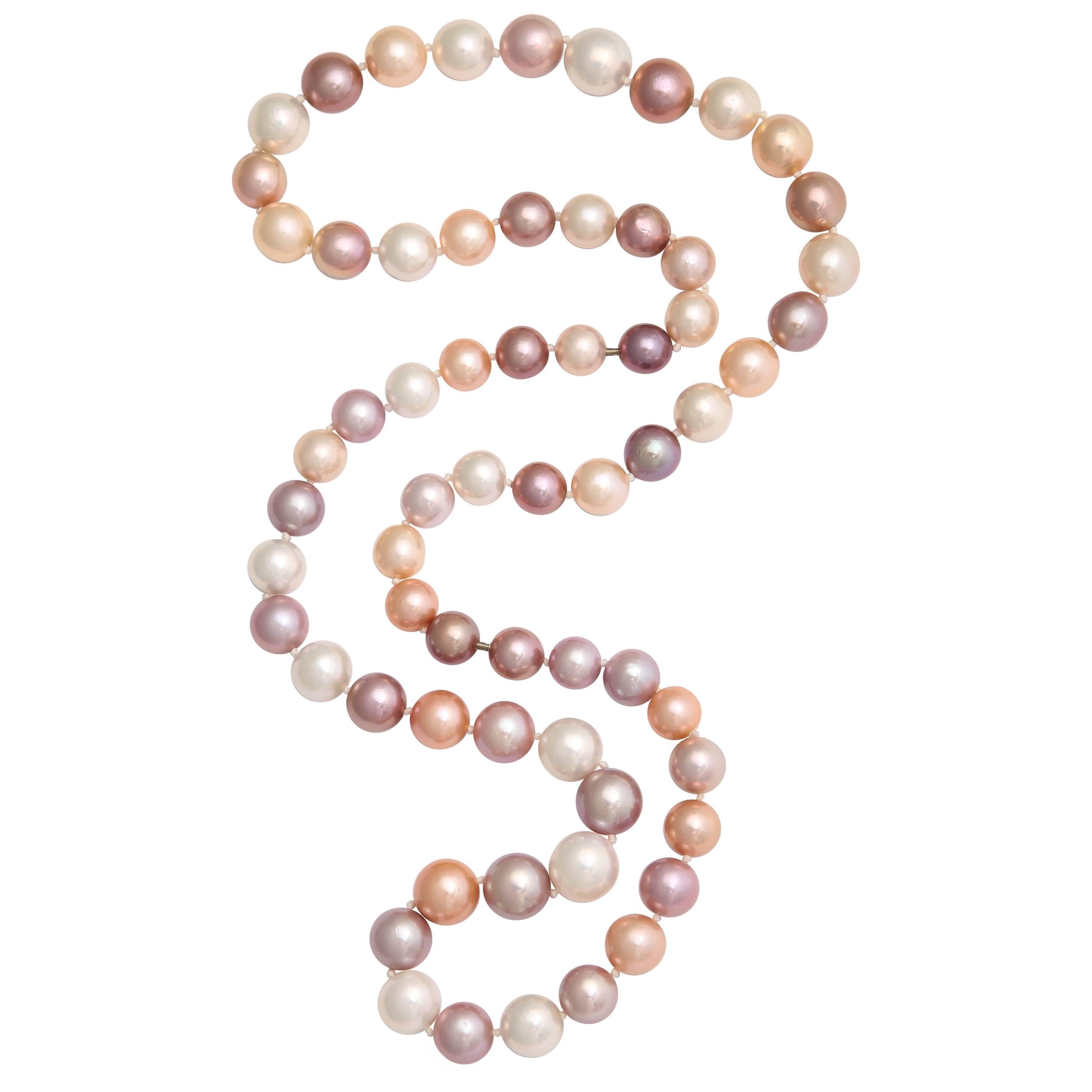Pastel Freshwater Pearls 36" long when attached as 2 Individual Strands For Sale