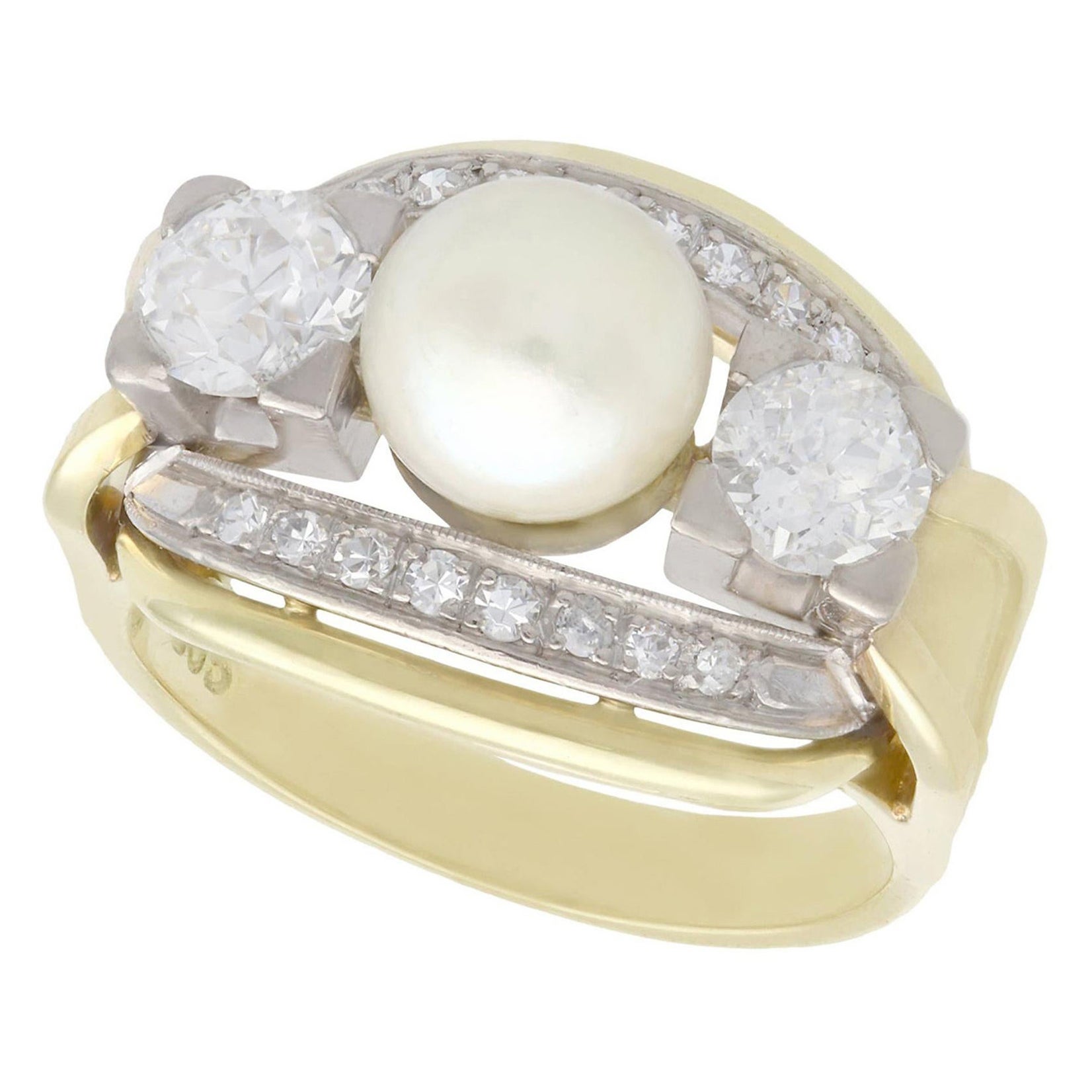 Vintage 1950s Cultured Pearl and 1.23 Carat Diamond Yellow Gold Cocktail Ring