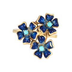 Vintage 3 Flower Posey Ring Blue Enamel Turquoise 18 Karat Gold Fine Jewelry