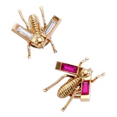 Vintage Bees Diamond and Red Stone Gold Pins