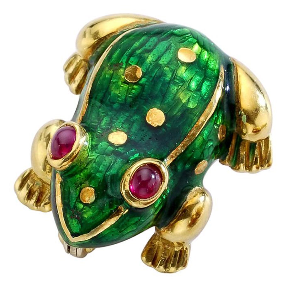 Frog Gold Enamel Ruby Clip Brooch For Sale