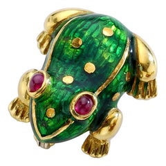 Retro Frog Gold Enamel Ruby Clip Brooch