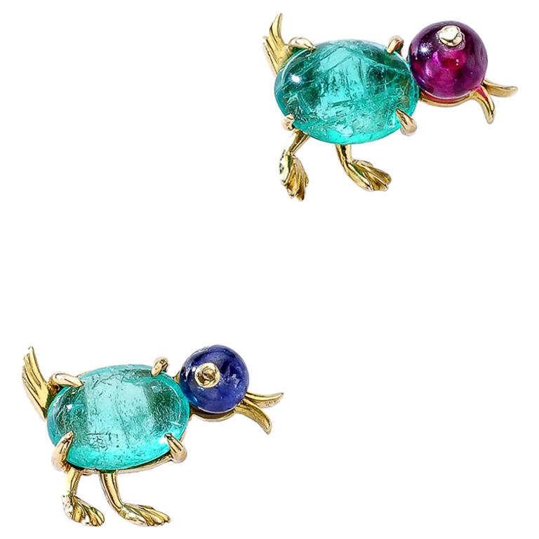 Pair of Pins Clips Ear Studs Baby Ducks Emerald Sapphire Ruby For Sale