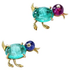 Pair of Pins Clips Ear Studs Baby Ducks Emerald Sapphire Ruby