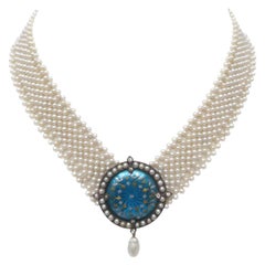 Marina J. Unique Woven Pearl Necklace with Vintage Blue Enamel Centerpiece