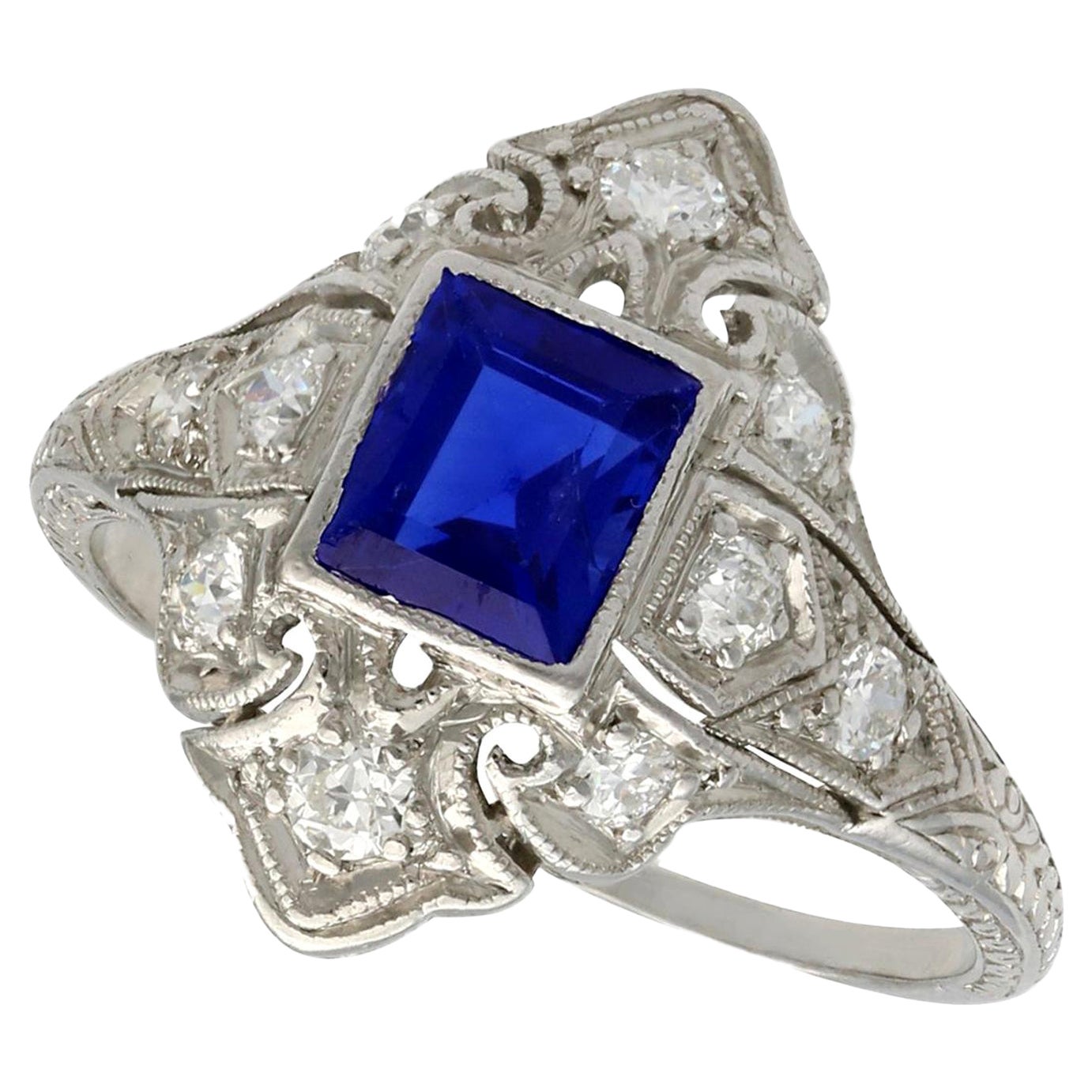 Antique 1930s Sapphire and Diamond Platinum Cocktail Ring