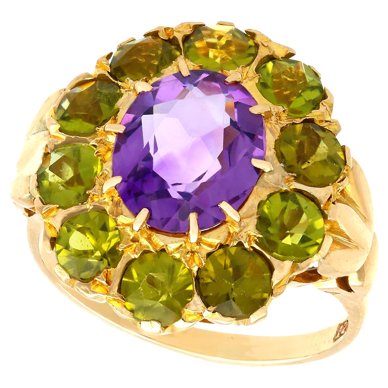2.41 Carat Amethyst and 2.56 Carat Peridot Yellow Gold Cocktail Ring Circa 1890 For Sale
