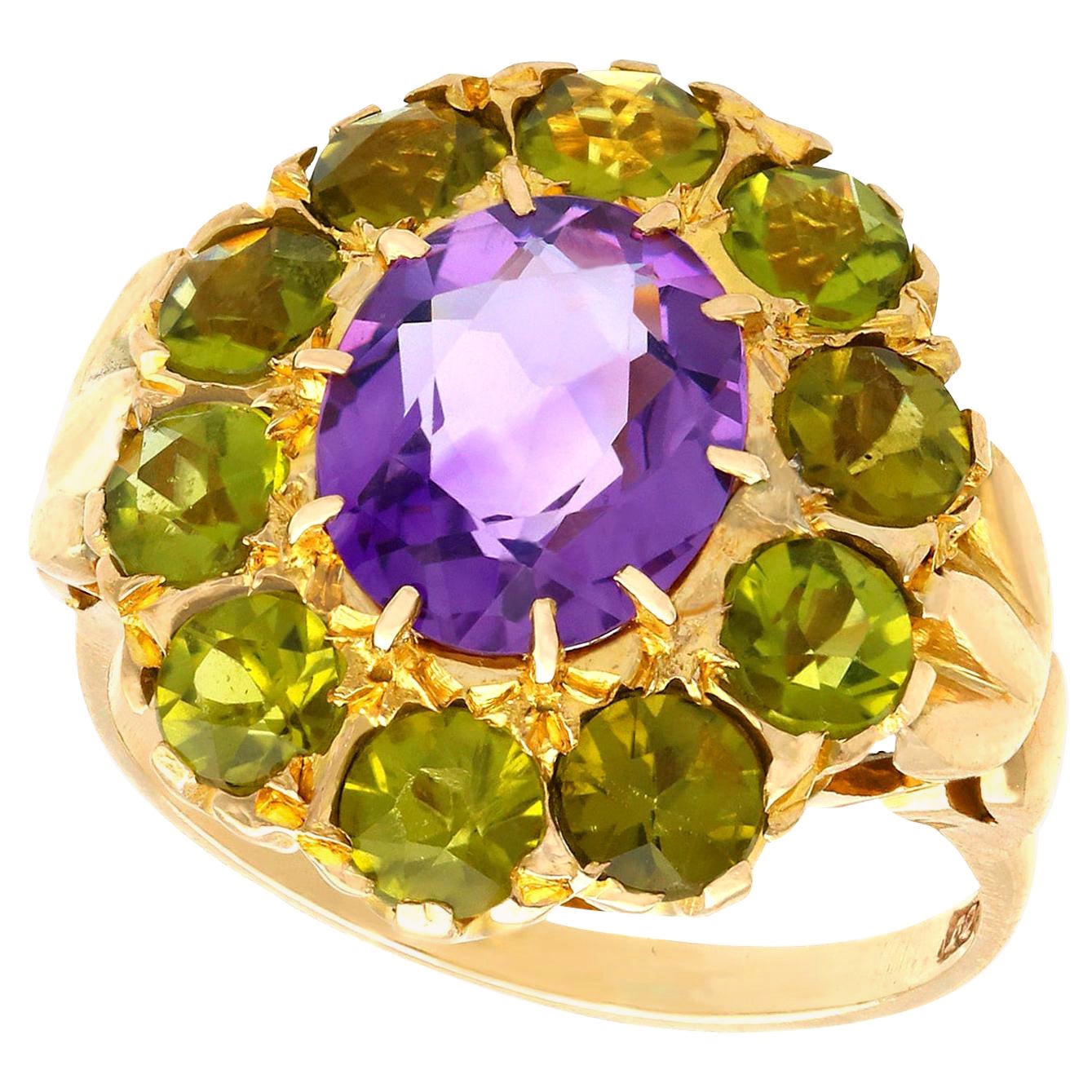 2.41 Carat Amethyst and 2.56 Carat Peridot Yellow Gold Cocktail Ring Circa 1890
