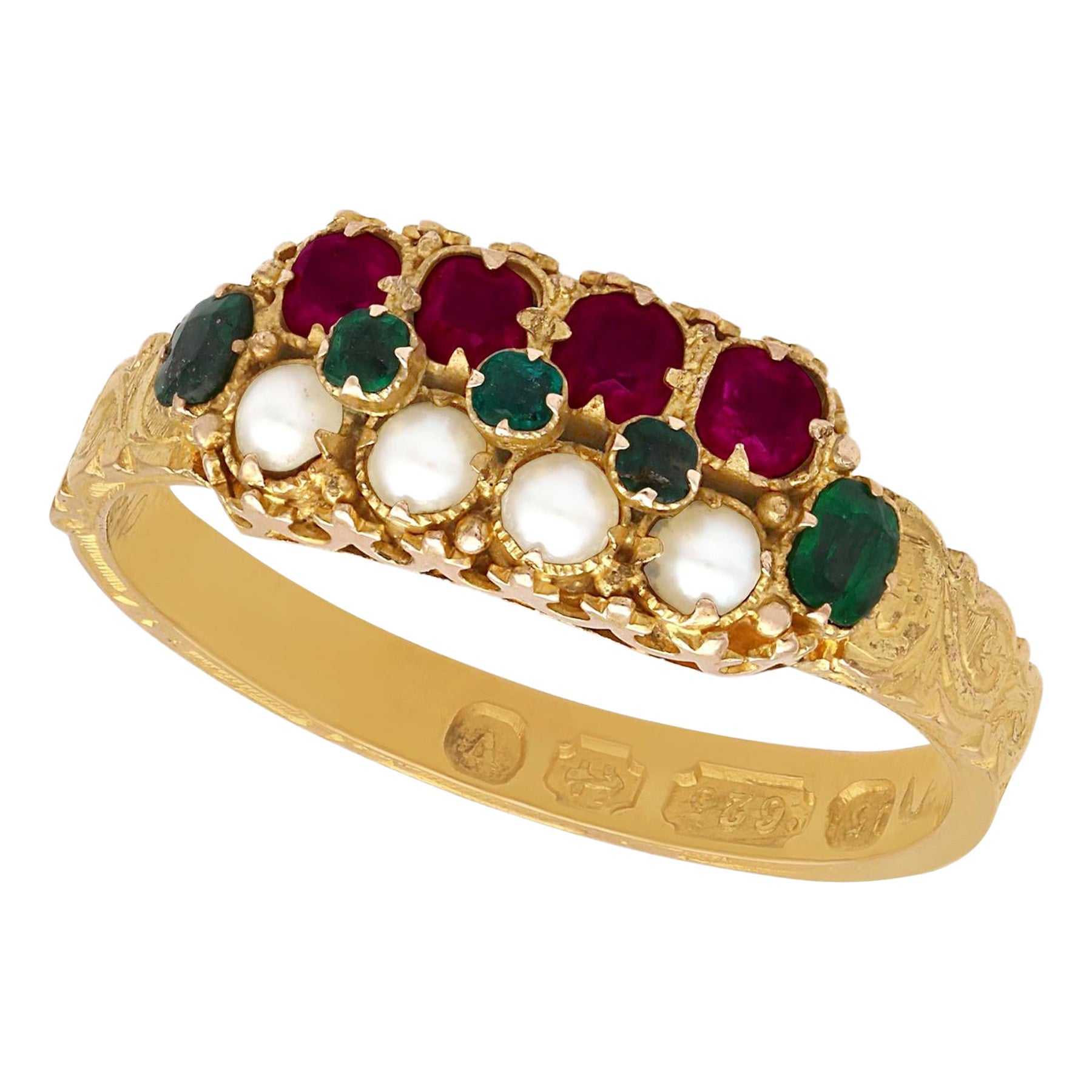 Victorian Pearl Emerald Amethyst Yellow Gold Cocktail Ring For Sale