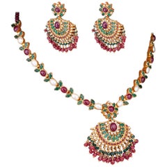 Indian Ruby, Emerald and Pearl Necklet, Earrings and Bracelet