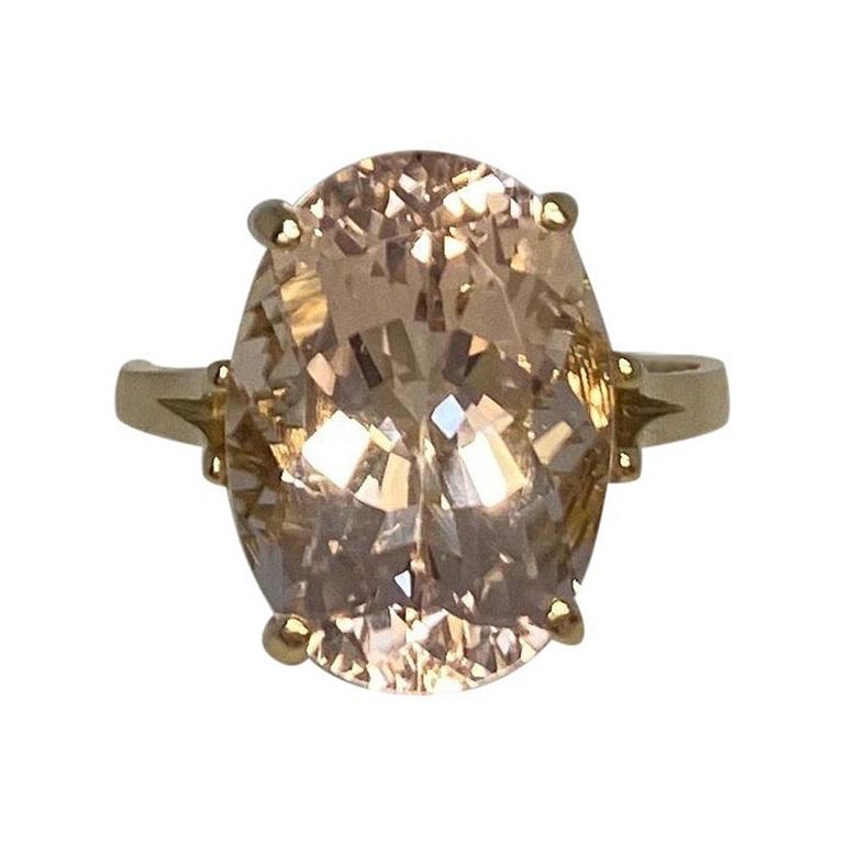 7.80 Carat Peach Orange Pink Morganite Oval Cut Yellow Gold Solitaire Ring