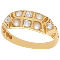 1880s Antique Victorian Seed Pearl and Diamond Yellow Gold Cocktail Ring