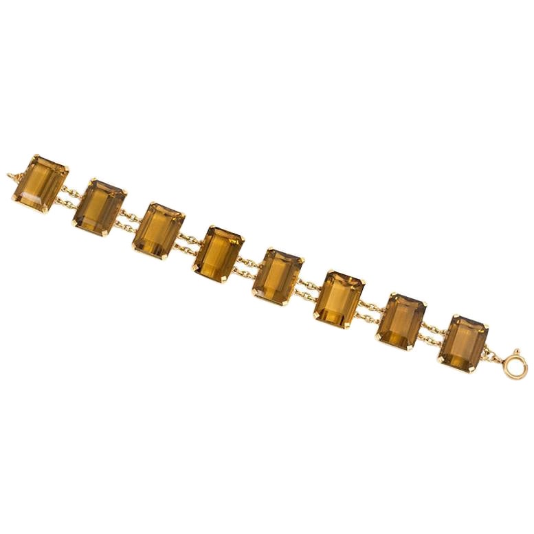 Mid Century Gold and Rectangular Citrine Link Bracelet For Sale