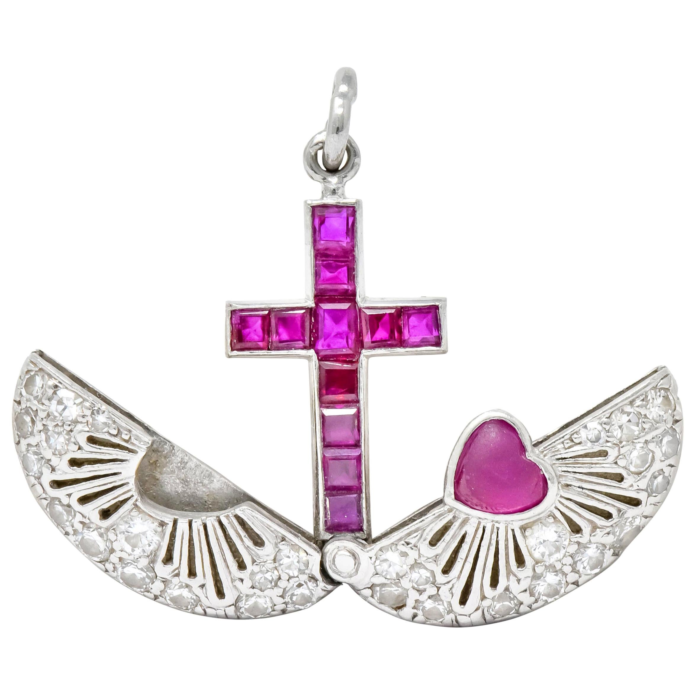 Late Edwardian Ruby Diamond Platinum Sacred Heart Cross Articulated Charm