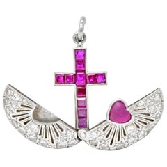 Late Edwardian Ruby Diamond Platinum Sacred Heart Cross Articulated Charm