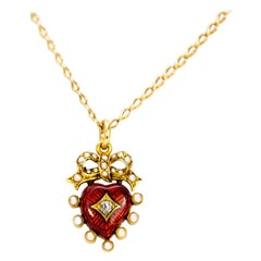 Victorian Red Enamel and Pearl Gold Pendant Necklace