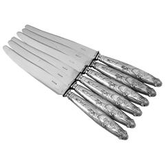 Antique LAPPARRA Fabulous French Sterling Silver Dinner Knife Set 6 pc Poppies